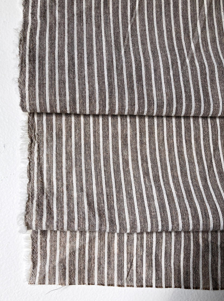 Brown linen with cream stripes, by the half meter